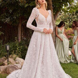 A line off white wedding dress,lace removable long sleeve bridal gown.Reception
